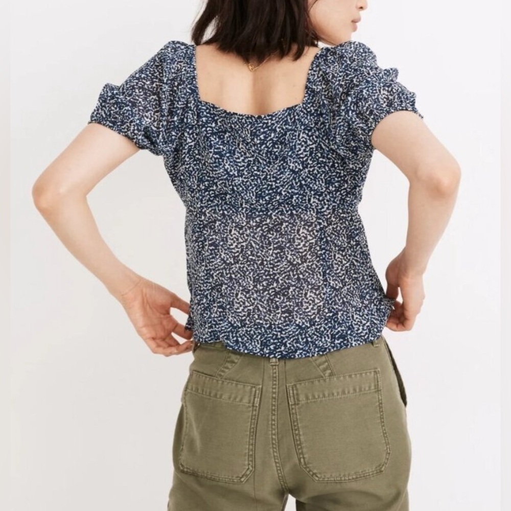 Madewell Blue Indigo Bengali Block-print Chiffon Sweetheart Lined Blouse 2 - Picture 2 of 11